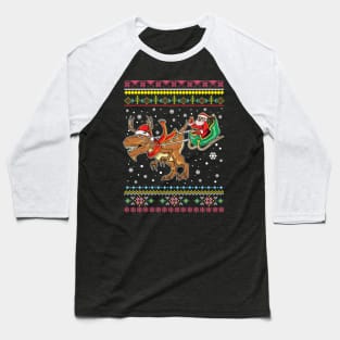 Santa Claus T Rex Reindeer Sleigh Ugly Christmas Sweater Pattern Baseball T-Shirt